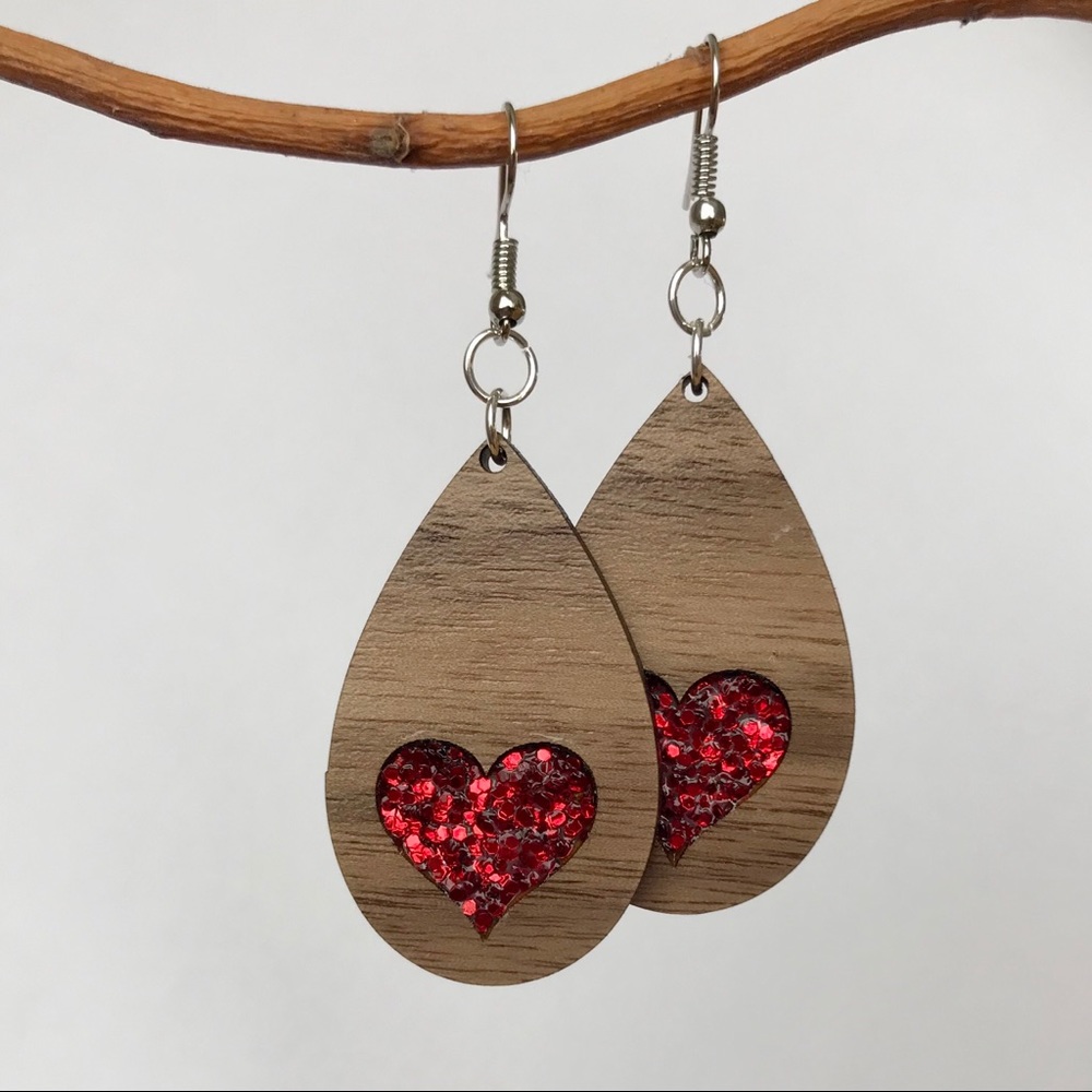 Handmade Wood Glitter Heart Earrings